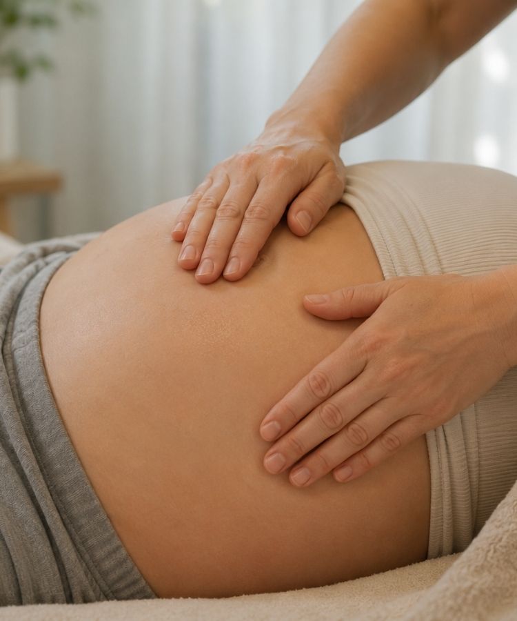 Händer som varsamt masserar en gravid mage
